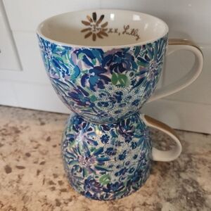 Lilly Pulitzer "Dandy Lion" Green Blue, Lavender Lion Head Floral Coffee Mug Set